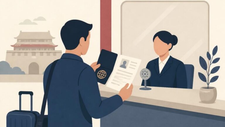 Persona entrega pasaporte y formulario impreso en una ventanilla consular para solicitar una visa turística.
