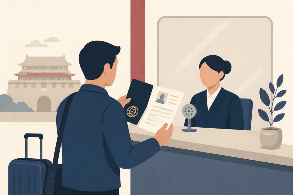 Persona entrega pasaporte y formulario impreso en una ventanilla consular para solicitar una visa turística.
