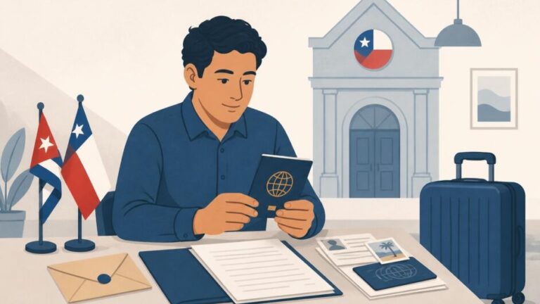 Persona prepara pasaporte y documentos para solicitar una visa de viaje a Chile en un entorno consular.