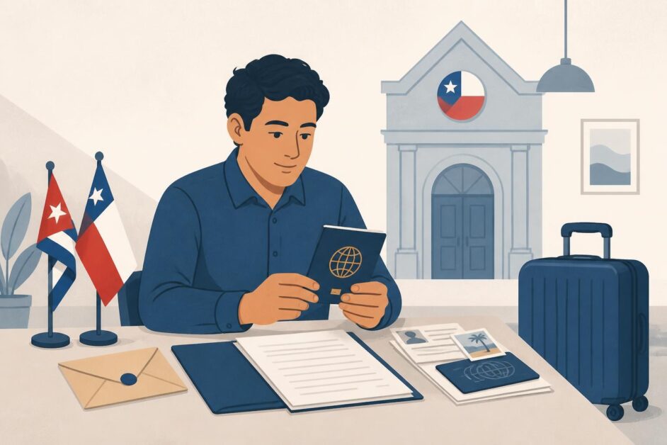 Persona prepara pasaporte y documentos para solicitar una visa de viaje a Chile en un entorno consular.