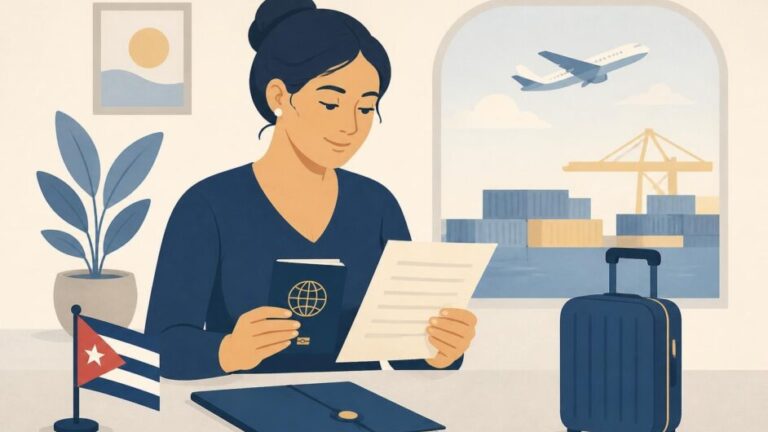 Persona revisando un pasaporte y una carta de invitación junto a una maleta para viajar de compras a Panamá.
