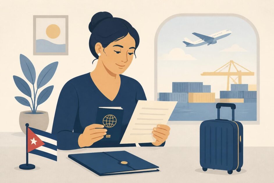 Persona revisando un pasaporte y una carta de invitación junto a una maleta para viajar de compras a Panamá.