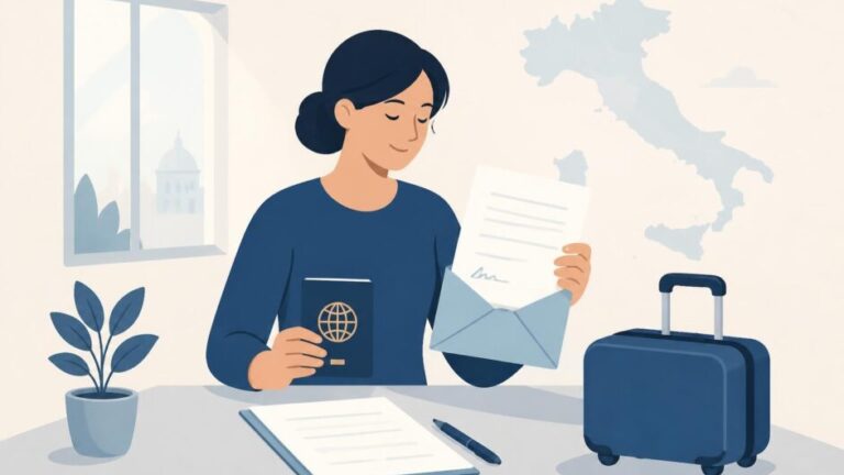 Persona organiza pasaporte, carta de alojamiento y maleta para un viaje turístico a Italia.