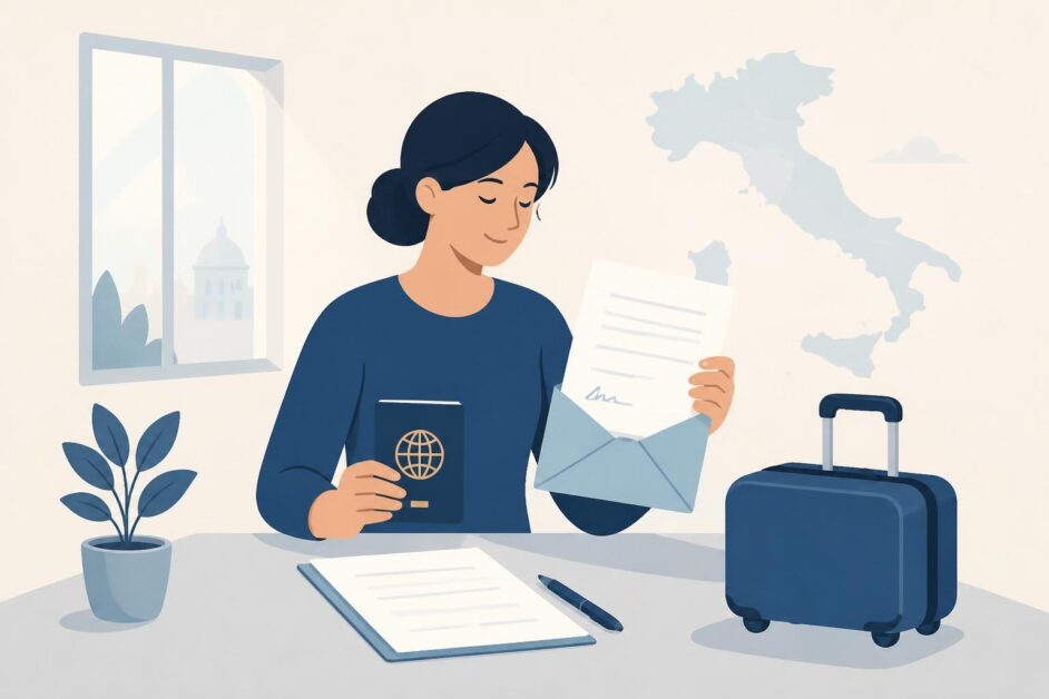 Persona organiza pasaporte, carta de alojamiento y maleta para un viaje turístico a Italia.