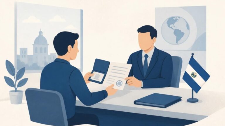 Persona presenta un pasaporte y una carta de invitación ante un funcionario en una oficina consular salvadoreña.