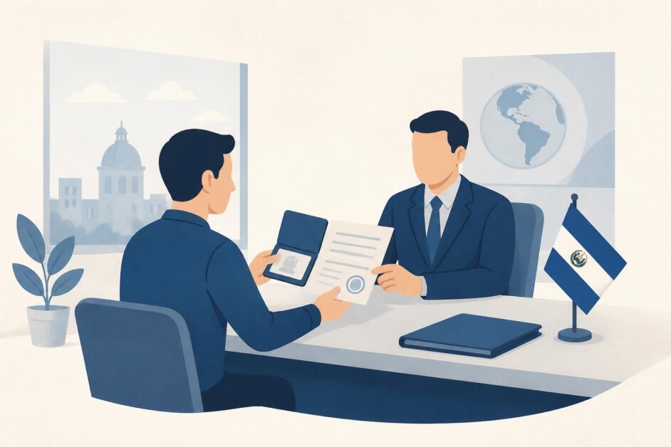 Persona presenta un pasaporte y una carta de invitación ante un funcionario en una oficina consular salvadoreña.