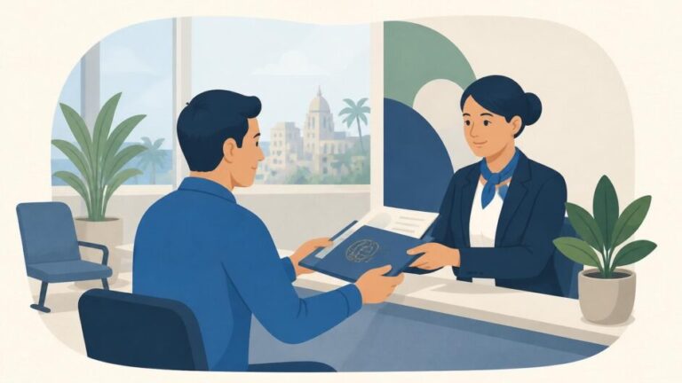 Persona entrega pasaporte y carpeta de documentos en un mostrador consular para solicitar una visa.