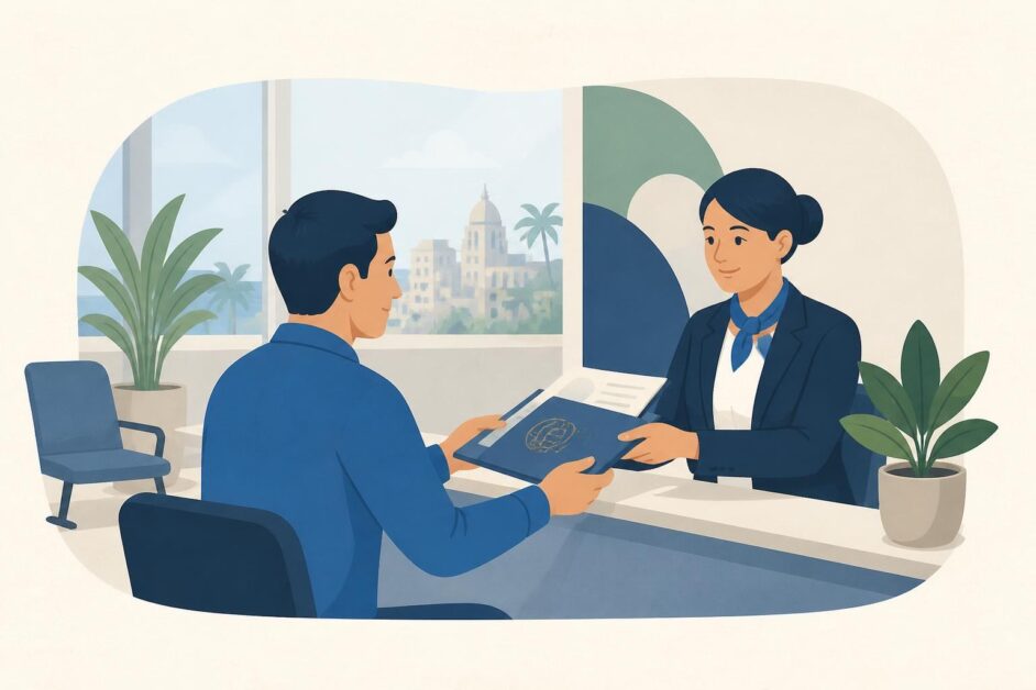 Persona entrega pasaporte y carpeta de documentos en un mostrador consular para solicitar una visa.