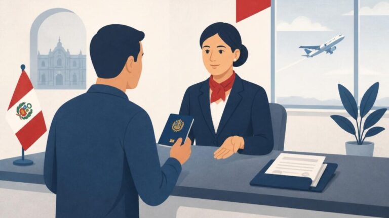 Persona con pasaporte y documentos ante un mostrador consular, con un avión al fondo.