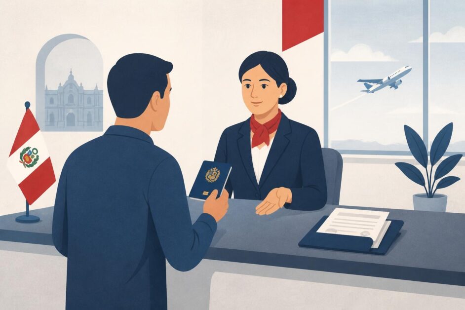 Persona con pasaporte y documentos ante un mostrador consular, con un avión al fondo.