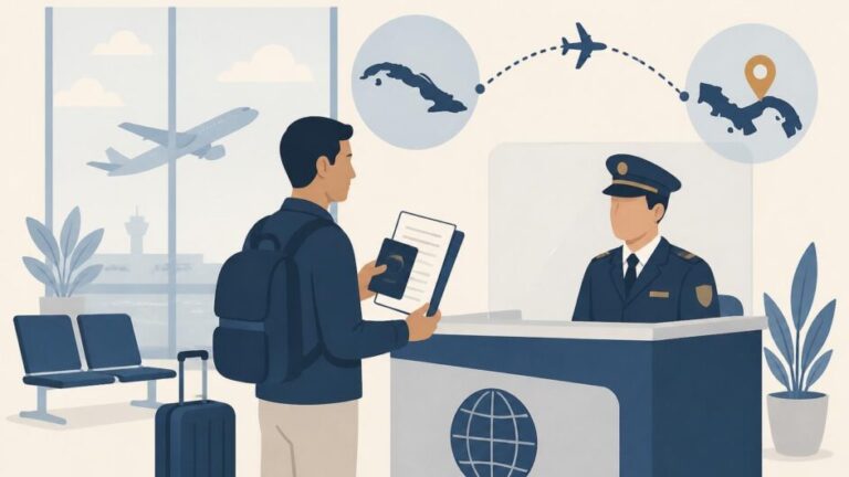 Viajero con pasaporte y documentos ante un control migratorio en un aeropuerto, con un avión al fondo.