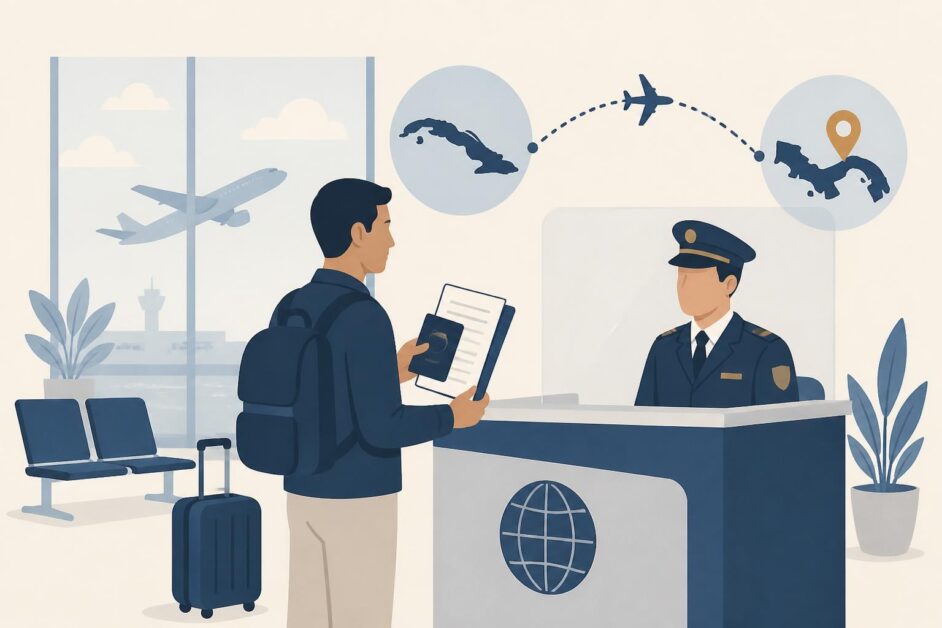 Viajero con pasaporte y documentos ante un control migratorio en un aeropuerto, con un avión al fondo.