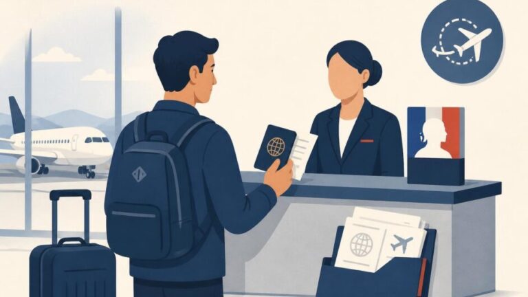 Viajero con pasaporte y documentos en una terminal aeroportuaria, preparado para una escala en Francia.