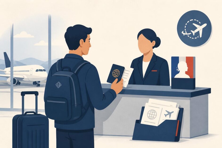 Viajero con pasaporte y documentos en una terminal aeroportuaria, preparado para una escala en Francia.