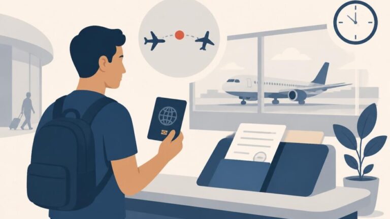 Viajero con pasaporte y documentos frente a un mostrador de tránsito en un aeropuerto.