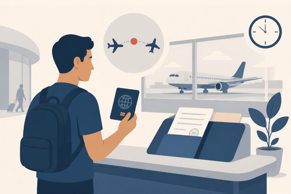 Viajero con pasaporte y documentos frente a un mostrador de tránsito en un aeropuerto.