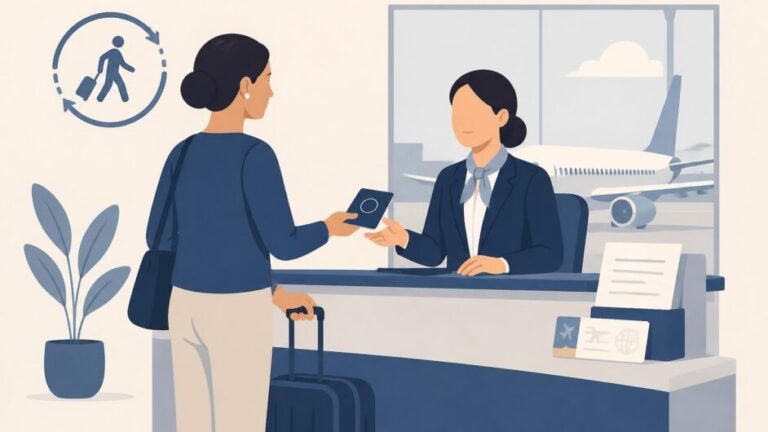 Viajera entrega su pasaporte en un mostrador consular, con un avión y una maleta al fondo.