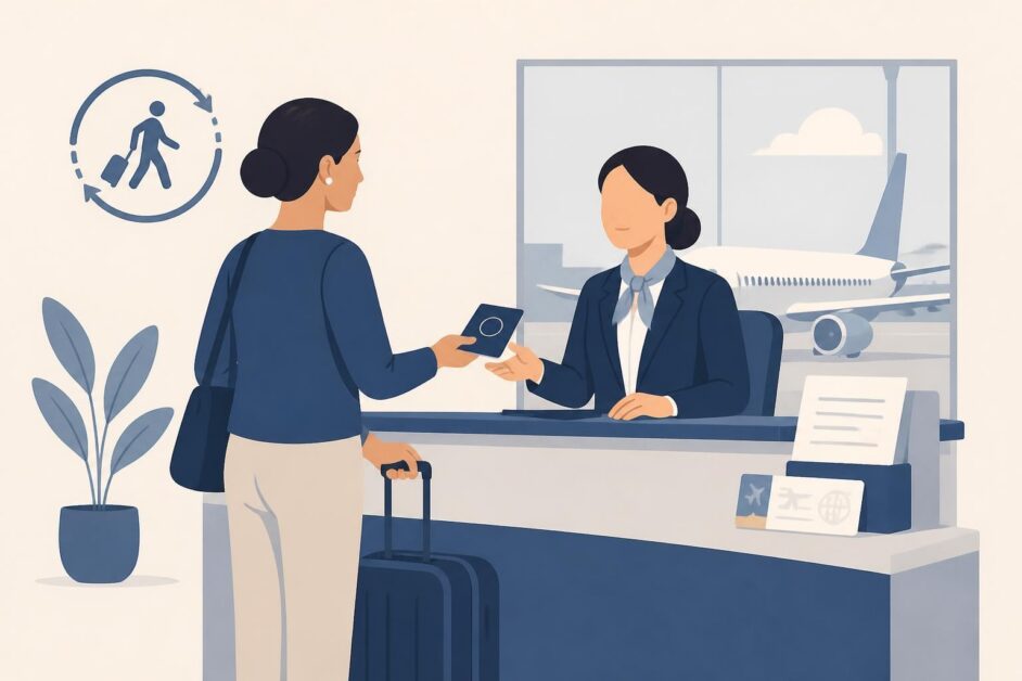 Viajera entrega su pasaporte en un mostrador consular, con un avión y una maleta al fondo.