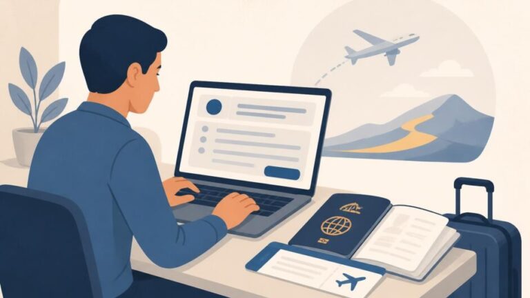 Persona solicita una visa de tránsito en línea con pasaporte, boleto y maleta sobre una mesa.