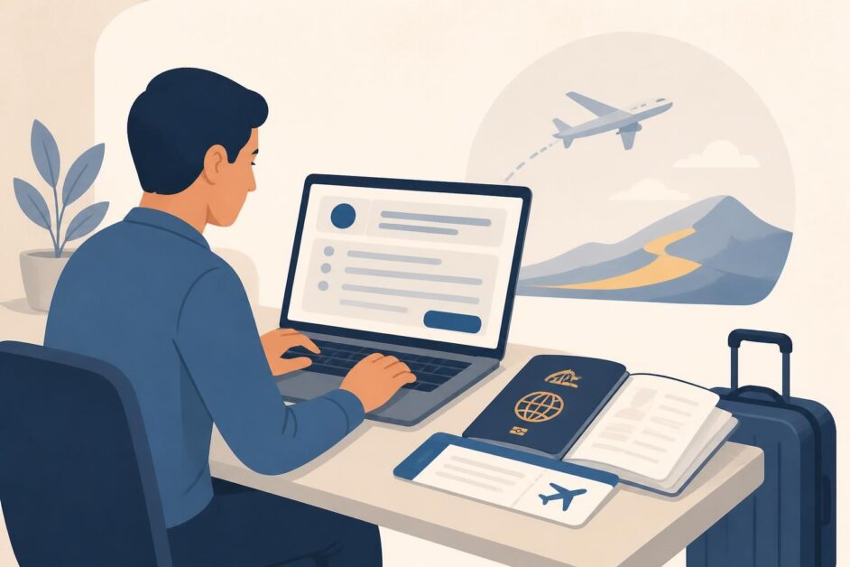 Persona solicita una visa de tránsito en línea con pasaporte, boleto y maleta sobre una mesa.