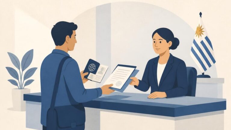 Persona entrega documentos y pasaporte en un mostrador consular para solicitar una visa laboral.