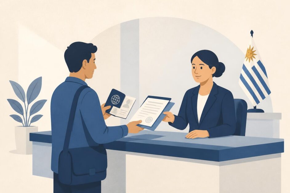 Persona entrega documentos y pasaporte en un mostrador consular para solicitar una visa laboral.