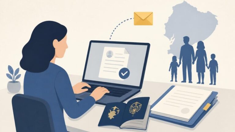 Persona prepara pasaporte y documentos junto a una computadora para solicitar residencia familiar en Ecuador.