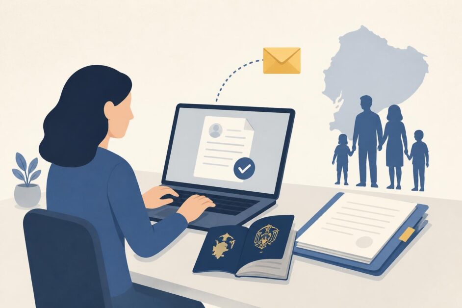 Persona prepara pasaporte y documentos junto a una computadora para solicitar residencia familiar en Ecuador.