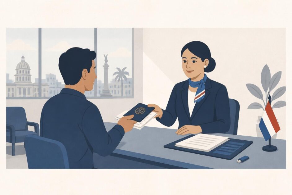 Persona entrega pasaporte y carpeta de documentos en un mostrador consular.
