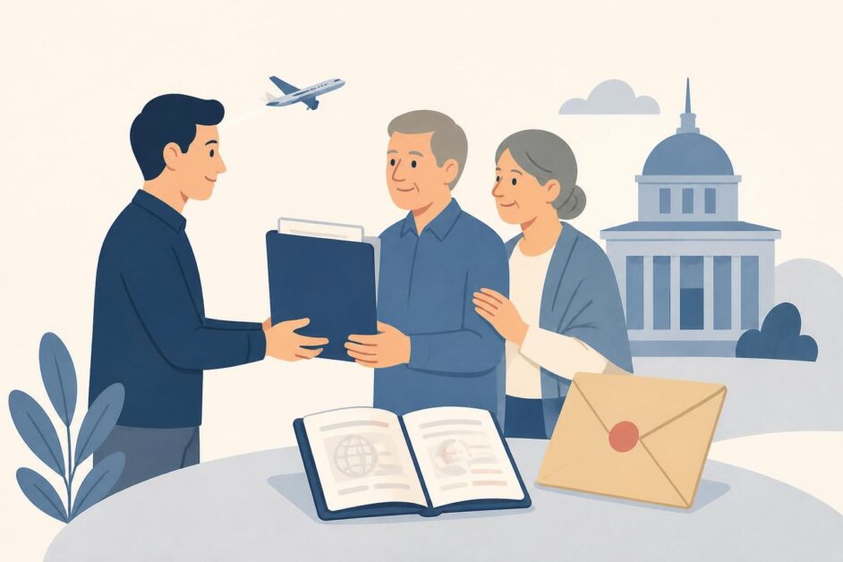 Ciudadano adulto con sus padres y documentos de inmigración frente a un edificio consular.