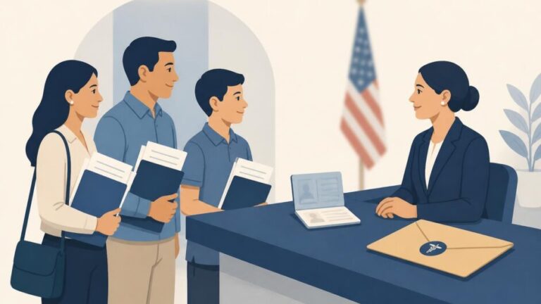 Familia con documentos ante un mostrador consular junto a un pasaporte y un sobre médico sellado.