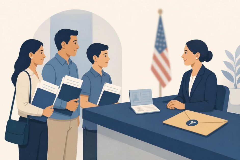 Familia con documentos ante un mostrador consular junto a un pasaporte y un sobre médico sellado.
