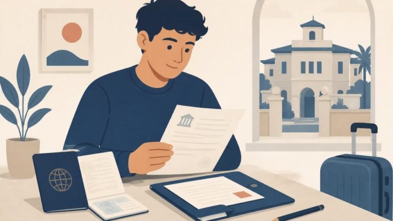 Estudiante organiza pasaporte, carta de admisión y documentos para solicitar un visado de estudios.