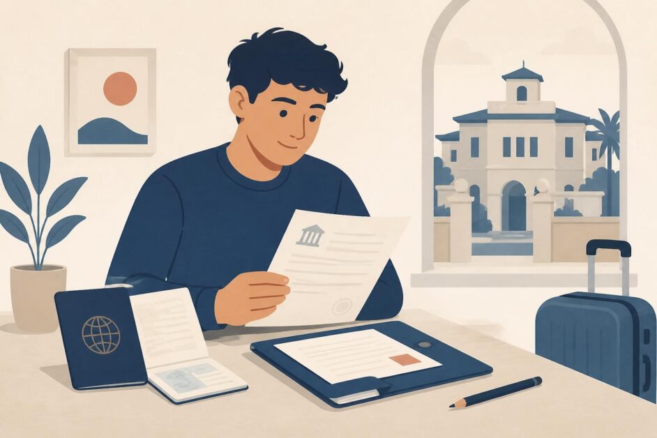 Estudiante organiza pasaporte, carta de admisión y documentos para solicitar un visado de estudios.