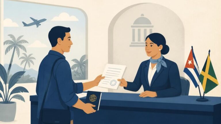 Persona entrega pasaporte y permiso de trabajo a un funcionario en un consulado, con un avión y palmeras al fondo.