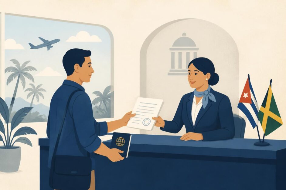 Persona entrega pasaporte y permiso de trabajo a un funcionario en un consulado, con un avión y palmeras al fondo.