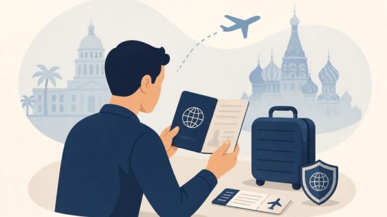 Persona con pasaporte y maleta preparando un viaje aéreo entre Cuba y Rusia.