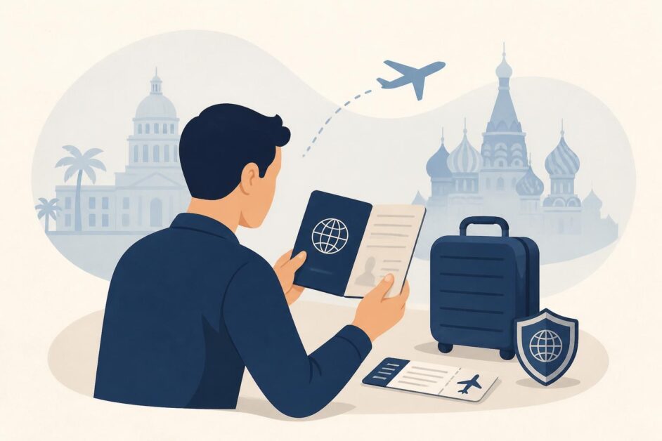 Persona con pasaporte y maleta preparando un viaje aéreo entre Cuba y Rusia.