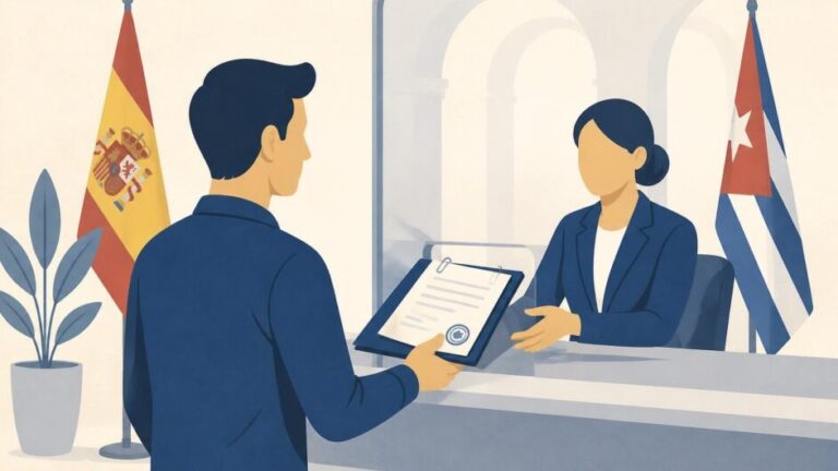 Persona adulta entrega documentos en una ventanilla consular con referencias visuales a España y Cuba.