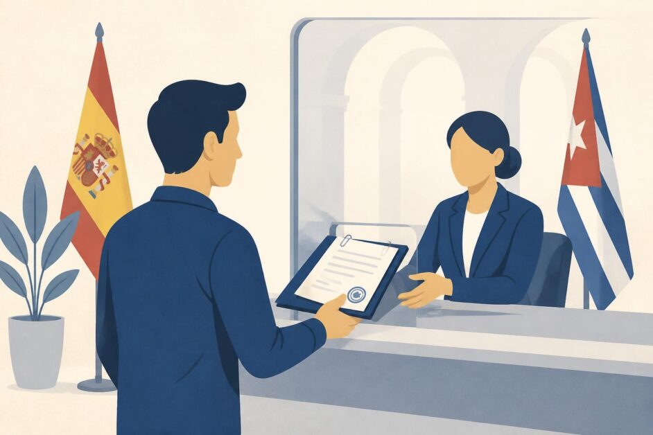 Persona adulta entrega documentos en una ventanilla consular con referencias visuales a España y Cuba.