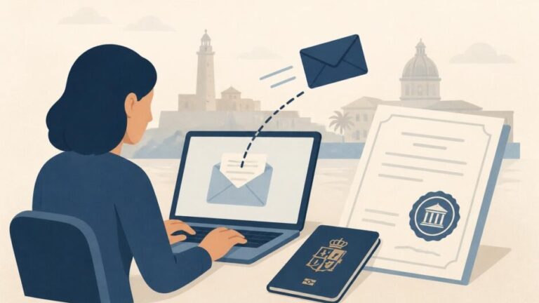 Persona envía desde un portátil una solicitud de certificado de residencia junto a un pasaporte y un documento consular.