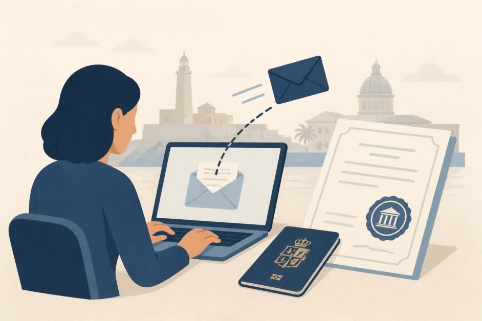 Persona envía desde un portátil una solicitud de certificado de residencia junto a un pasaporte y un documento consular.