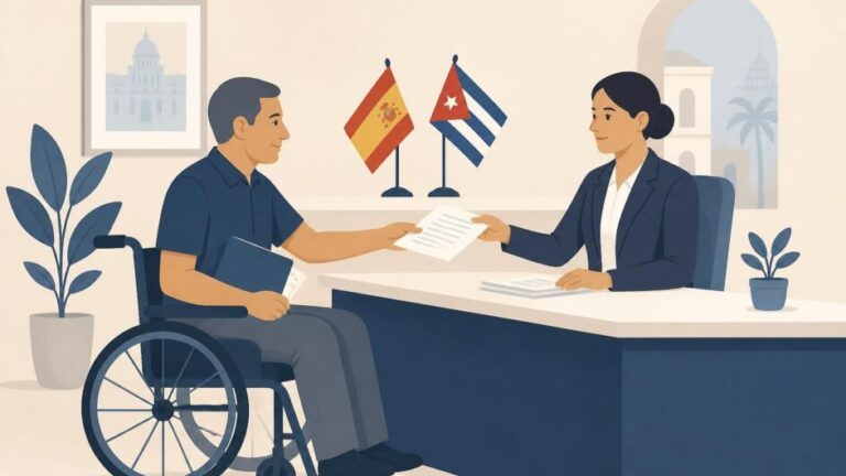 Persona entrega documentos a una empleada en una oficina consular, con una silla de ruedas cercana.
