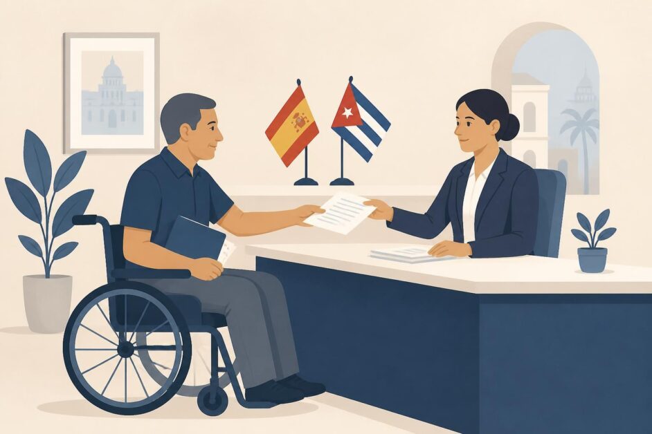 Persona entrega documentos a una empleada en una oficina consular, con una silla de ruedas cercana.