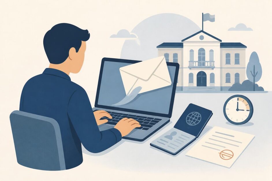 Persona prepara un recurso por correo junto a su pasaporte, con un consulado estilizado al fondo.