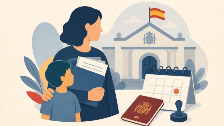 Adulto y menor con documentos frente a una oficina consular estilizada.