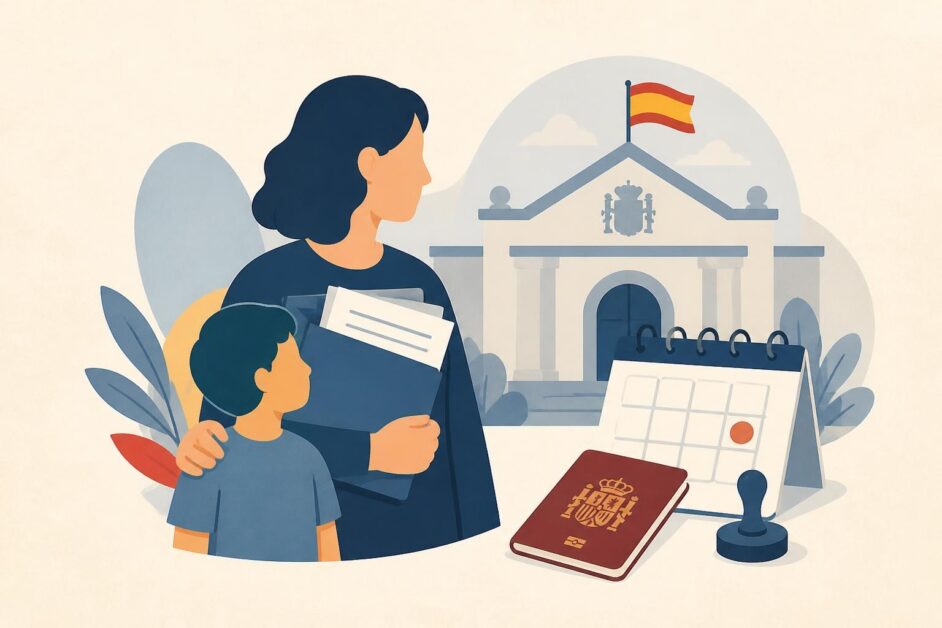 Adulto y menor con documentos frente a una oficina consular estilizada.