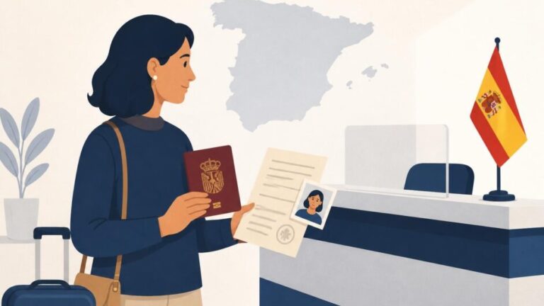 Persona con pasaporte y certificado consular ante un mostrador de documentación en España.