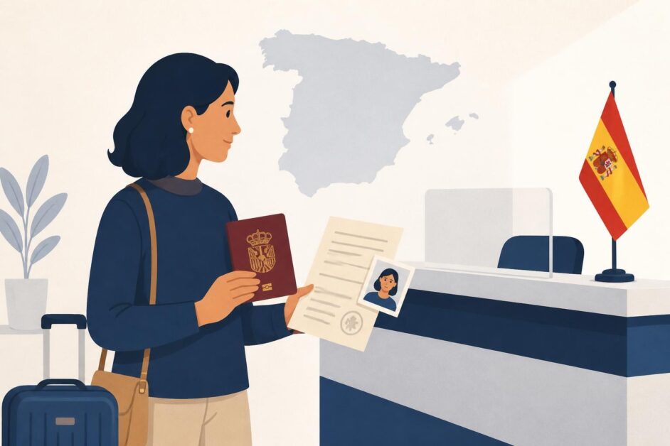 Persona con pasaporte y certificado consular ante un mostrador de documentación en España.