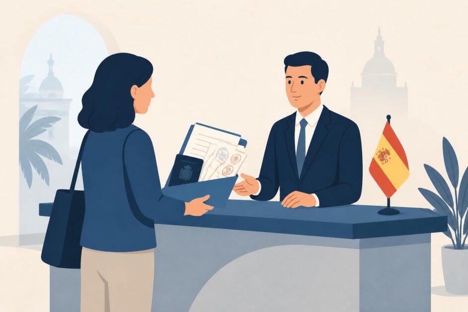 Persona entrega documentos y su identificación en un mostrador consular.